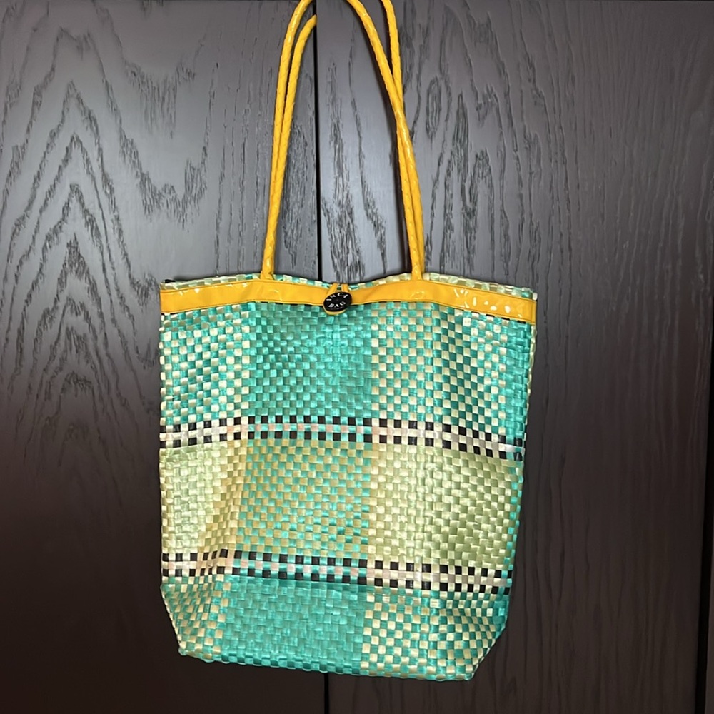 Inca Bag Handmade in India woven Yellow and Green Checkered Lined Tote Bag